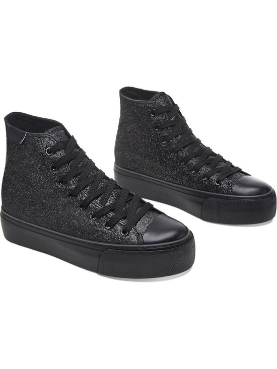 Shoes - Women's All Black Sparkly Bling Mid Calf Glitter Platform Fashion Sneakers